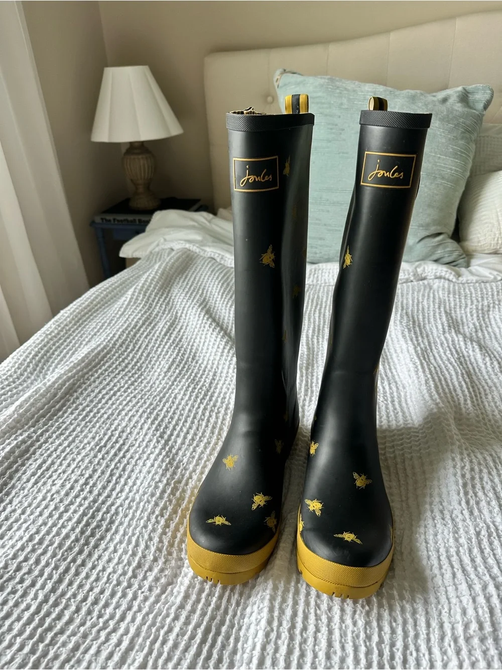 Joules Field Welly Womens Rain Boot Black Gold Bee Print Tall Rubber US 10 EU 42